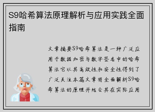 S9哈希算法原理解析与应用实践全面指南