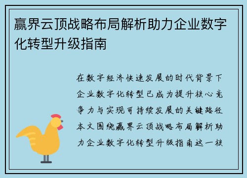 赢界云顶战略布局解析助力企业数字化转型升级指南