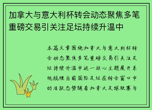 加拿大与意大利杯转会动态聚焦多笔重磅交易引关注足坛持续升温中